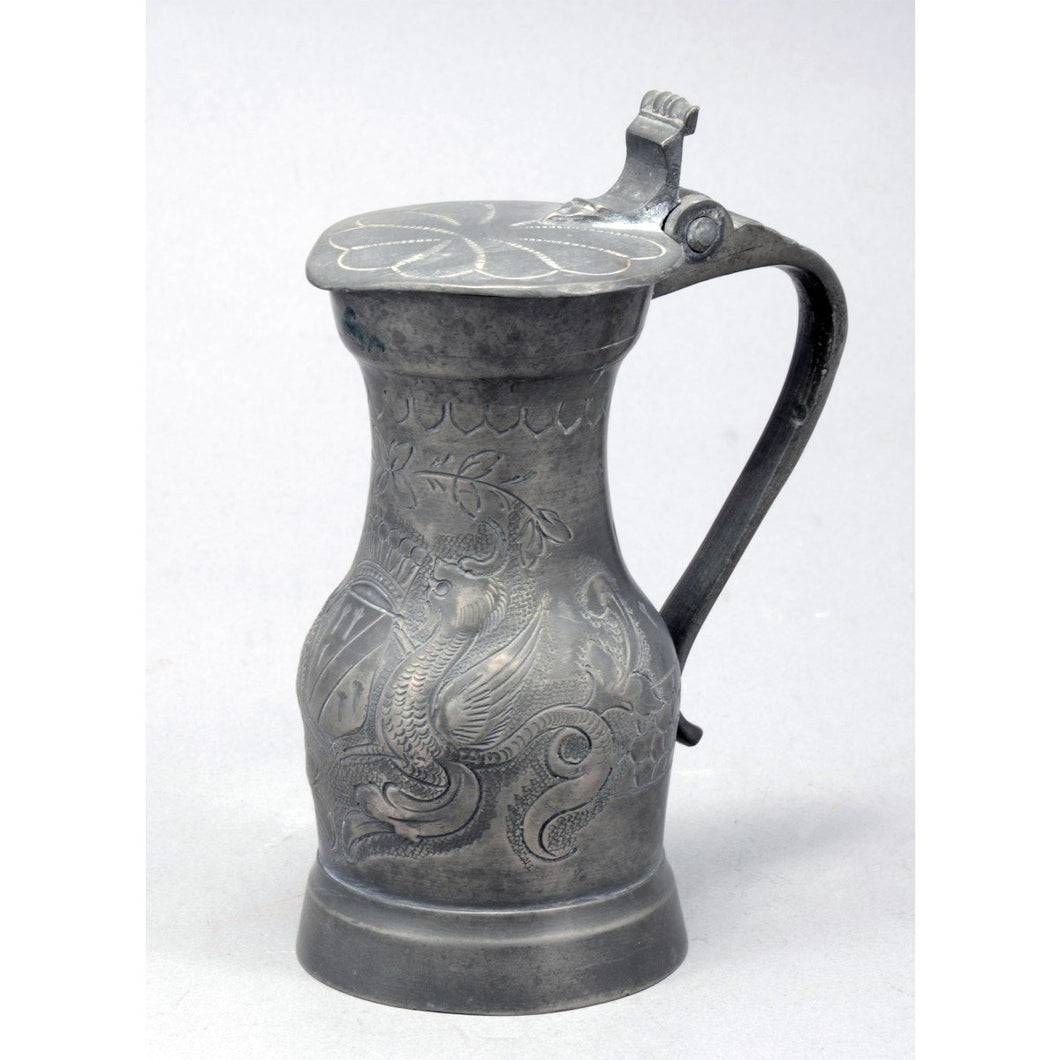Antique Pewter Jug Etched in the Form of Dragons and a Coat of Arms