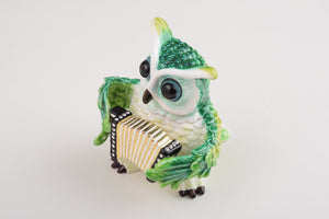 Green Owl Playing Accordion Trinket Box
