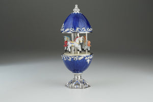 Blue Faberge Egg Carousel with White Royal Horses
