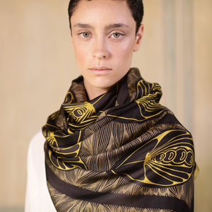 The-Golden-Belle-Époque-Silk-Scarf-brown-rectangular-Tal Angel-65X220 cm-model-closeup2