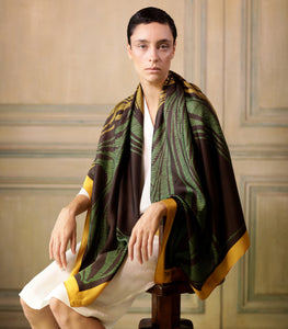 The-Window-of-Yellow-Leaves -Silk-Scarf-square-carre-brown-white-135X135 cm-model-model-closeup3-by-Tal-Angel-hermes-faliero-sarti