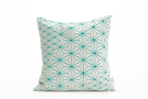 Turquoise & white designer throw pillow cover 15.7x15.7”. Japanese inspired decorative design. Removable printed pillow cover, Tamara pillow