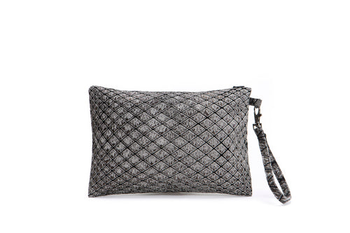 Metallic Foil Print On Fabric clutch bag gray Print On black Fabric, Coated With black Foil, Waffle bag