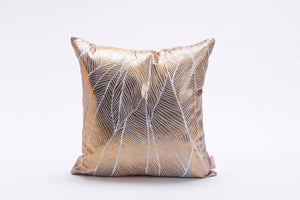 Copper Square Cushion Cover with Matt Finish, Leaves Print, Bling Pinion Limited Edition, Foil Print On Fabric Linen Silver
