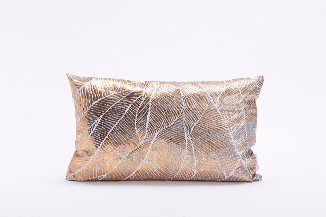 Copper Rectangle Pillow Cover with Matt Finish, Leaves Print, Bling Pinion Limited Edition, Foil Print On Fabric Linen Silver