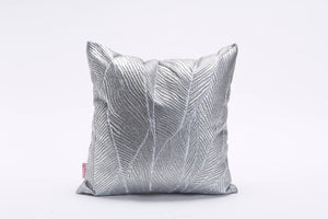 Square Cushion Cover with Matt Finish, Leaves Print, Bling Pinion Limited Edition, Foil Print On Fabric Linen Silver