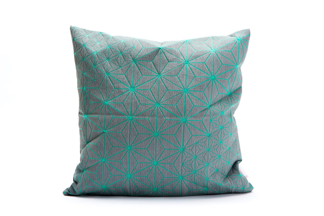 Turquoise & grey designer throw pillow cover 15.7x15.7”. Japanese inspired decorative design. Removable printed pillow cover, Tamara pillow